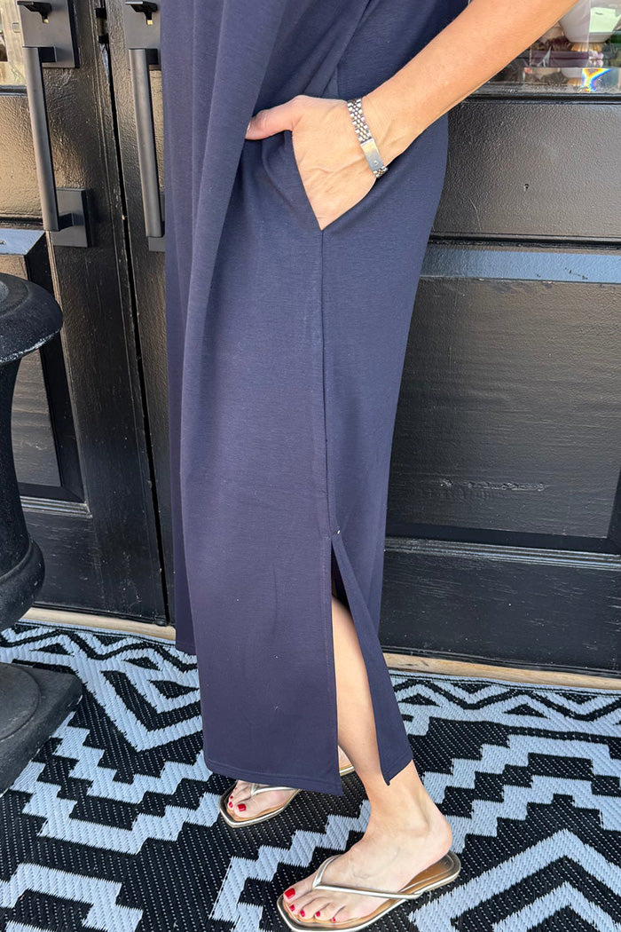 Navy Pocketed Contrast Trim Dress