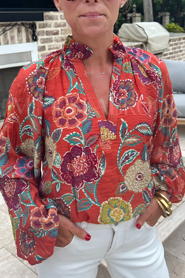 Casual Ruffles Collar Floral Top