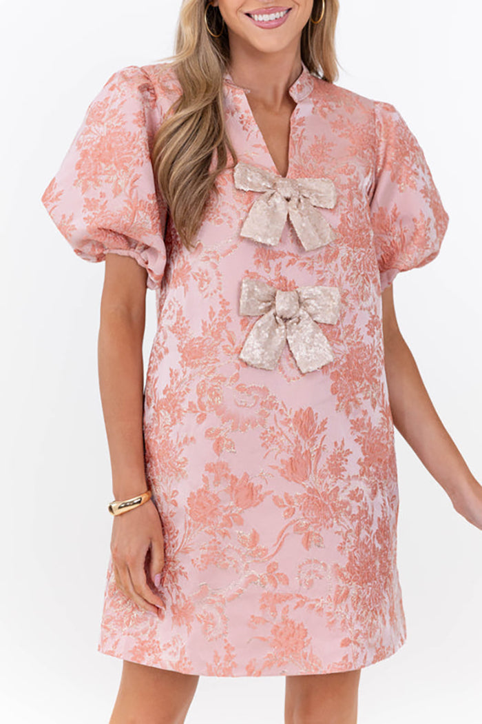 Floral Print Puff Sleeve Bow Dress