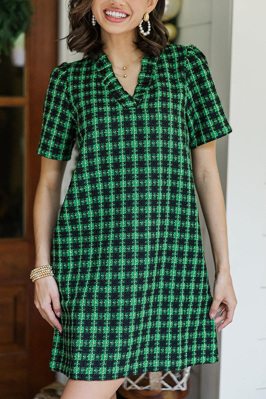 Ruffle V-Neck Plaid Dress