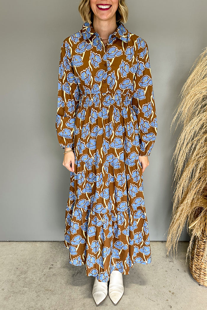 Retro Brown-Blue Floral Shirt Collar Maxi Dress