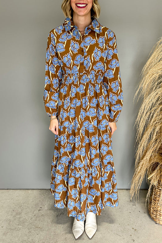 Retro Brown-Blue Floral Shirt Collar Maxi Dress