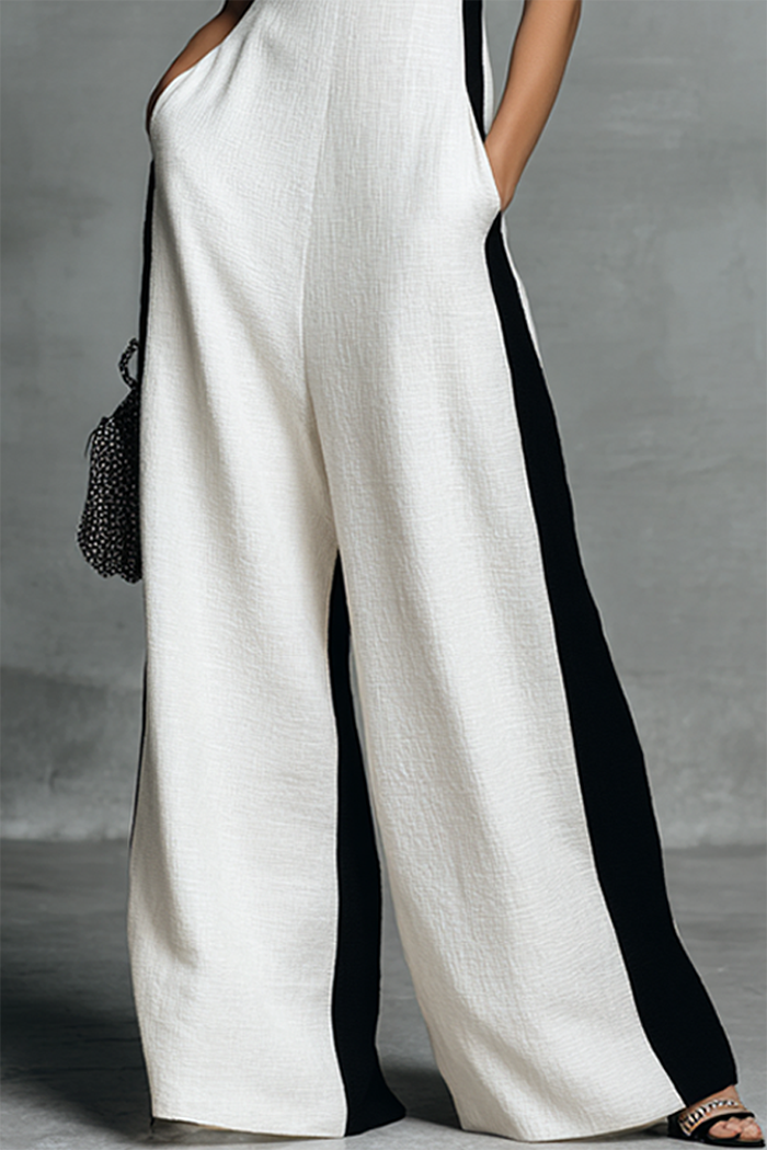 Deep V Color Block Pocket Jumpsuit
