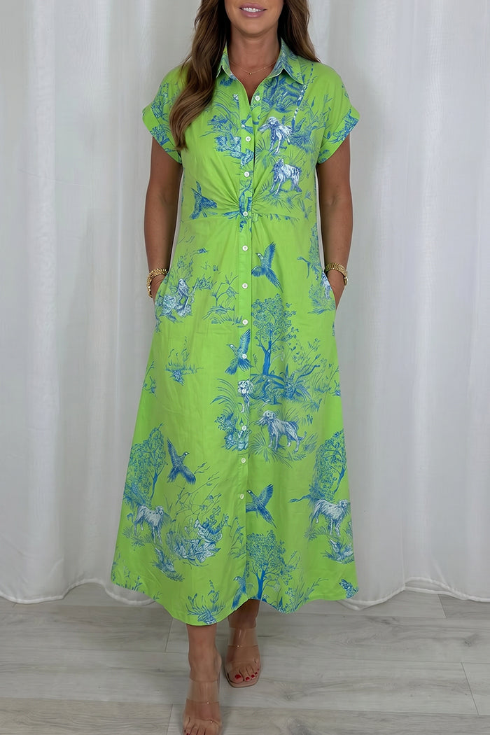 Toile Print Button Front Pocket Maxi Dress