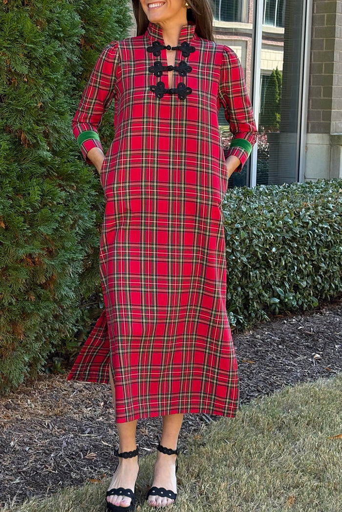 Red Plaid Frog-Closure Pocket Midi Dress