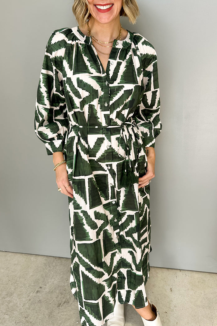 Geometric Print Button-Front Pocketed Maxi Dres