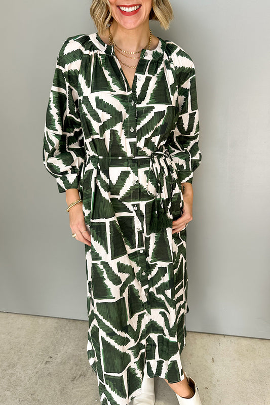 Geometric Print Button-Front Pocketed Maxi Dres