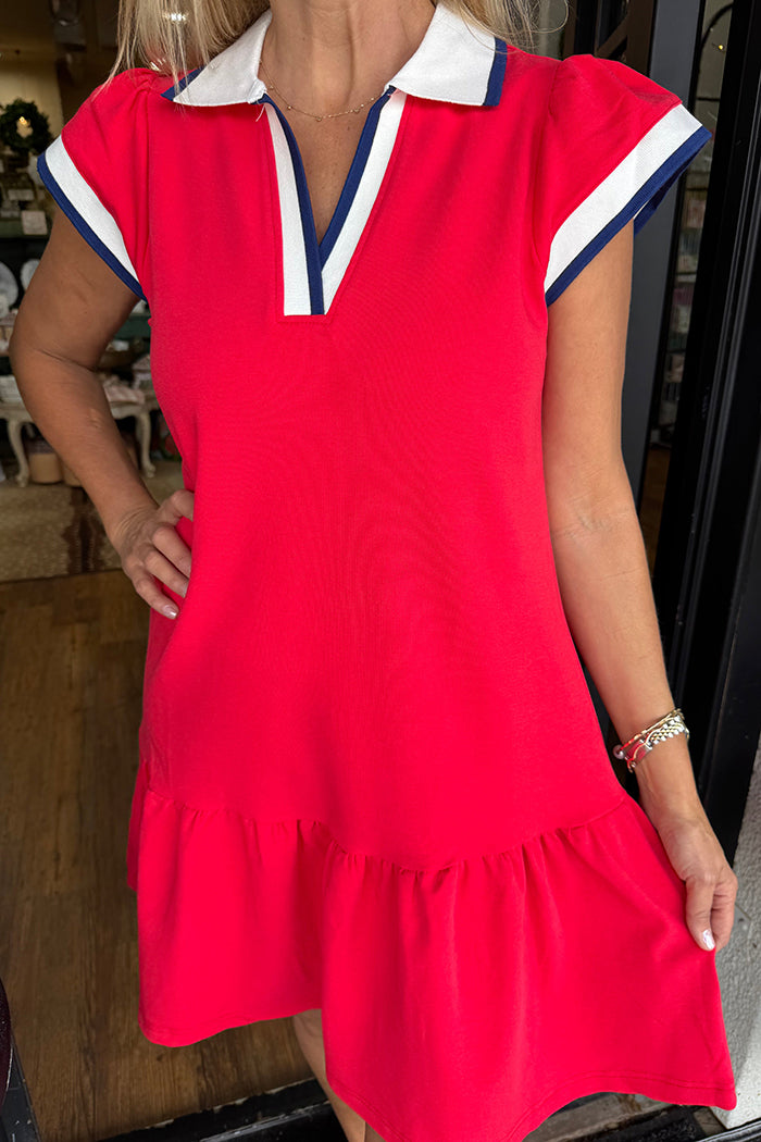 Ruffle Hem Contrast Collar Red Dress