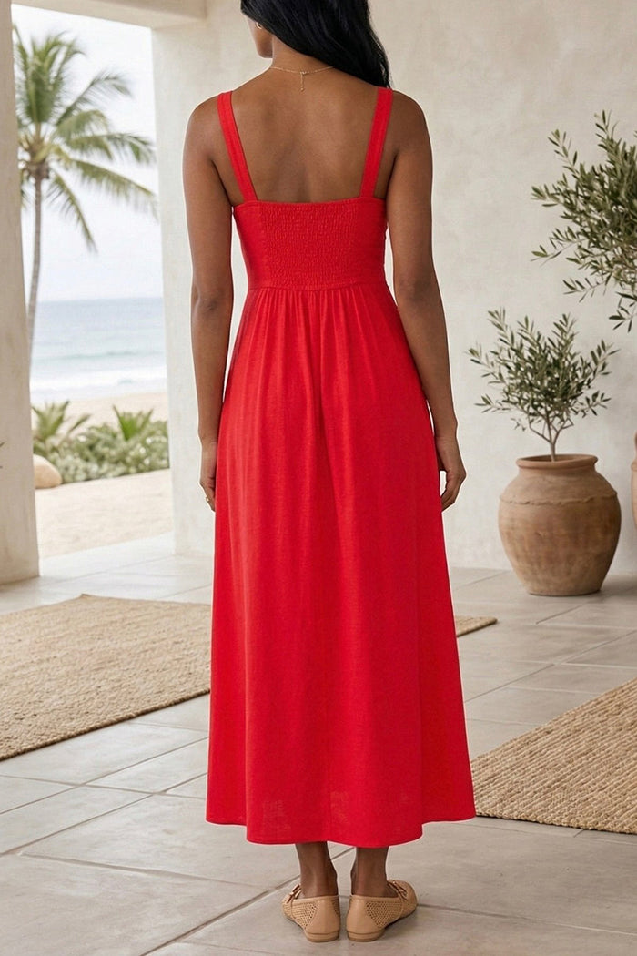 Ruched Button Front  A-Line Maxi Dress
