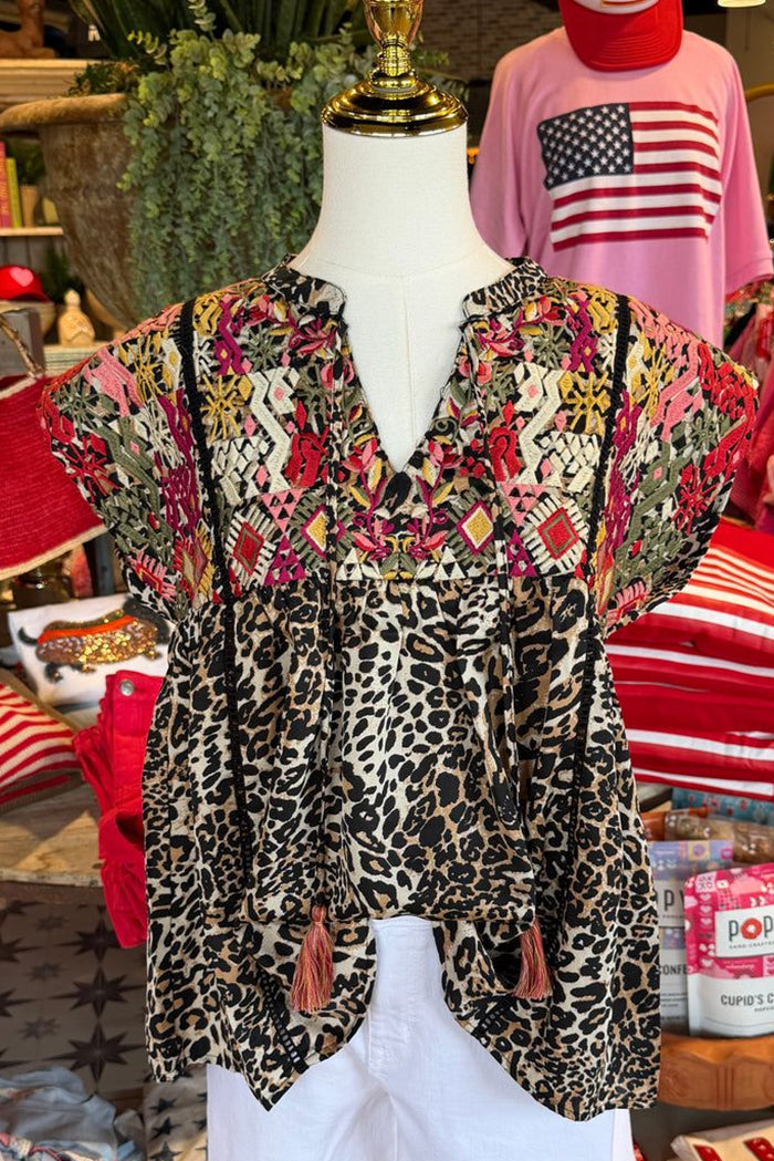 Leopard Floral Flutter Sleeve Top