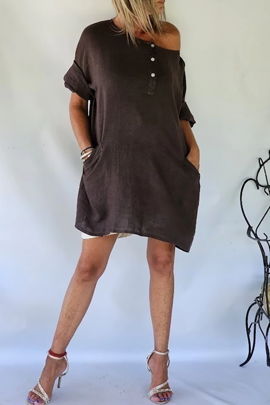 Henley Neck Pocket Loose Top Shorts Set