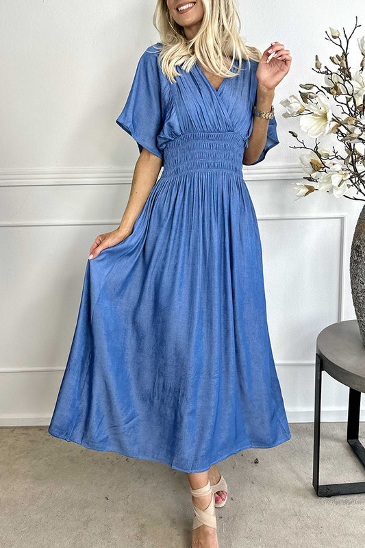 Denim Smocked Underbust Maxi Dress