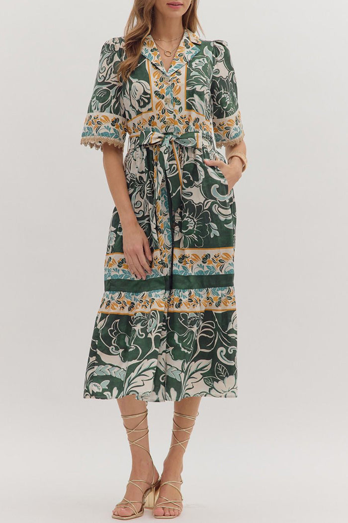 Short-Sleeve Belted Pocketed Floral Midi Dress