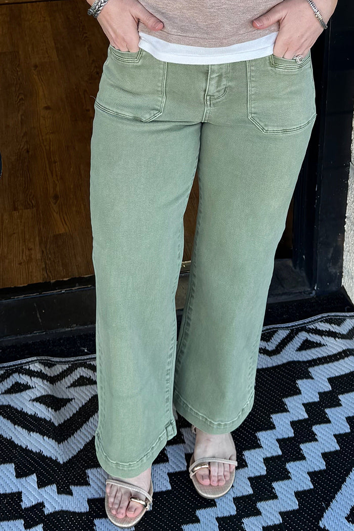 Faded Green Wide Leg Cropped Pants