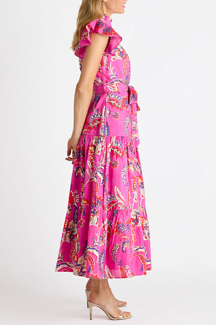 Feathered Floral Flutter Sleeve Tiered Maxi Dress