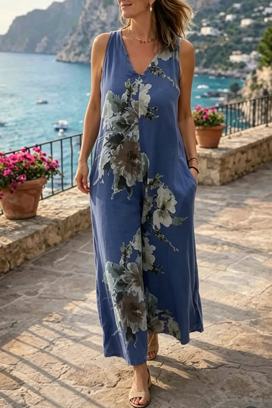 Sleeveless Tie-Back Floral Pocket Jumpsuit
