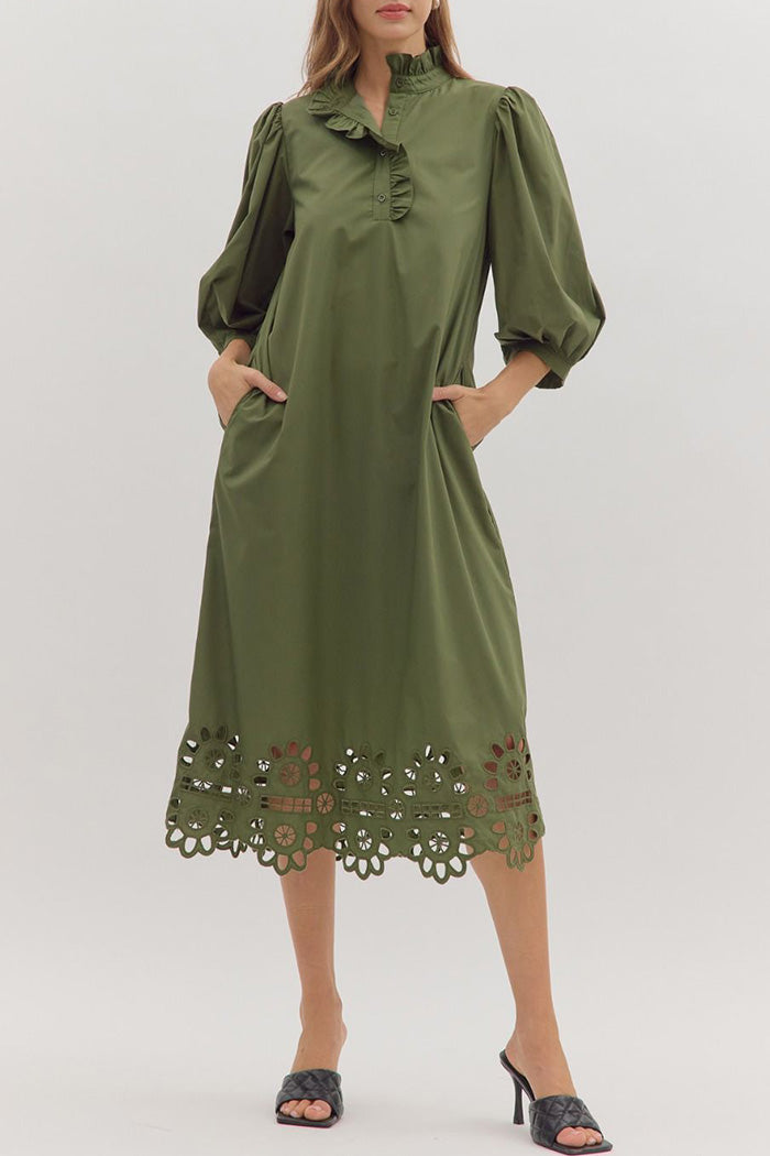 Scallop Cutout Hem Puff Sleeve Pocket Midi Dress
