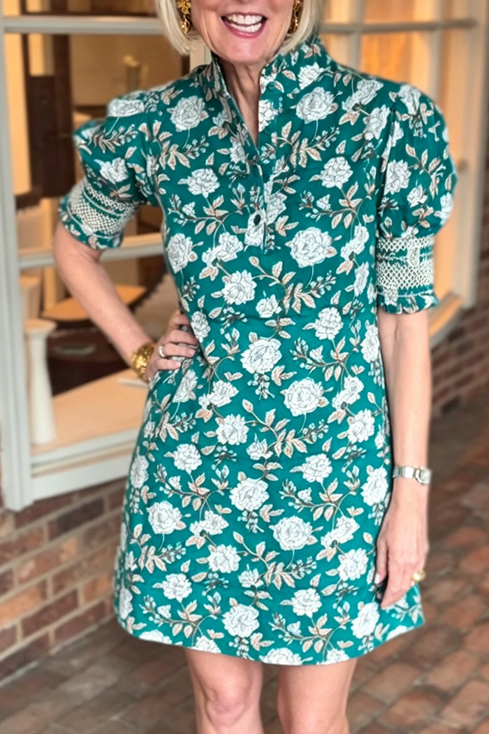 Ruffle Neck Smocked Cuff A-line Dress