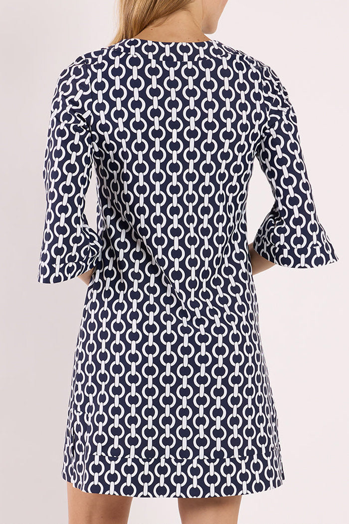Navy Split Sleeve Printed Shift Dress