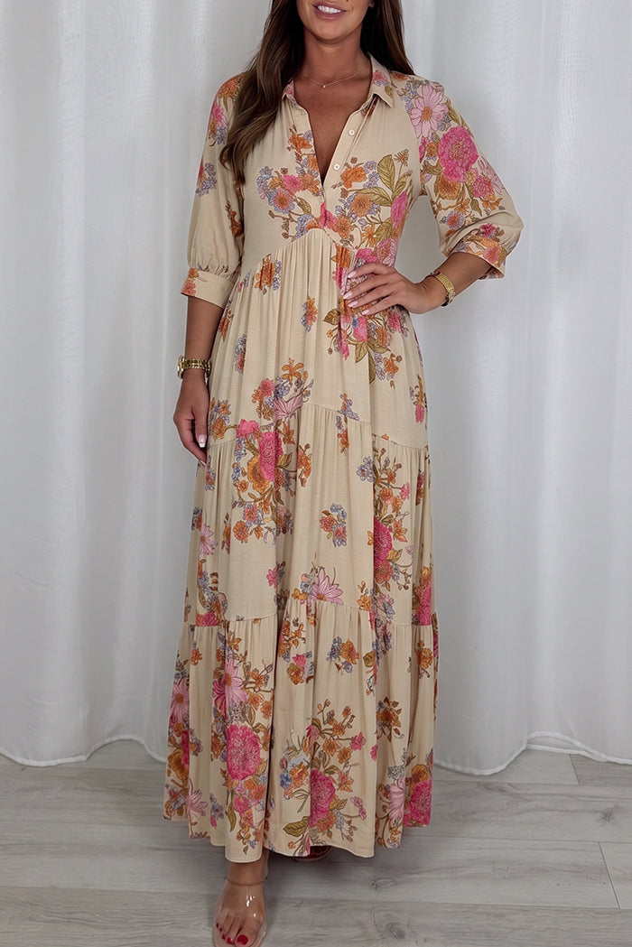 Beige Floral Button-Down Tiered Maxi Dress