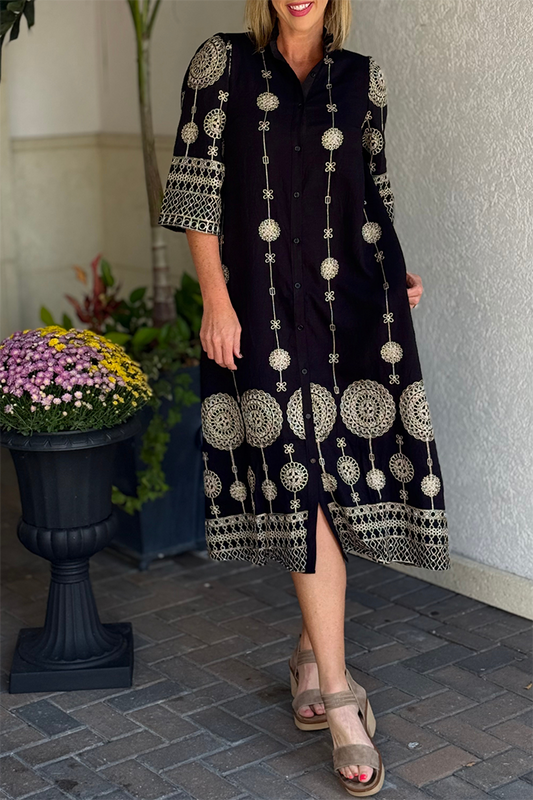 Moonlit Lace Embroidered Pocket Midi Dress