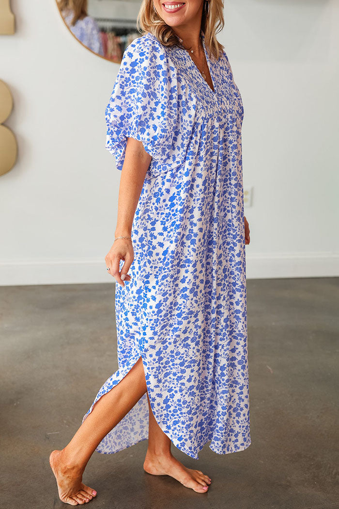 Floral Pleated Elastic Sleeve Dress