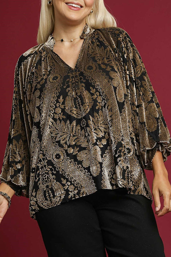 Damask Velvet Split Neck Top