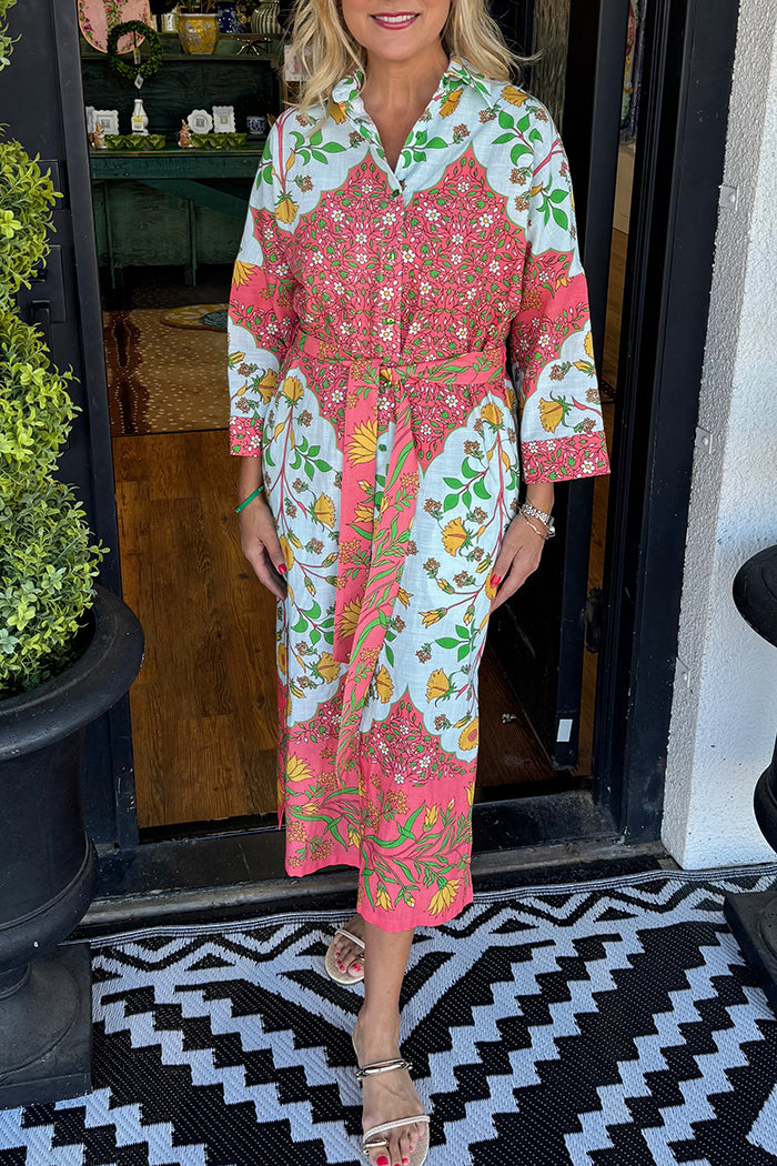 Border Print Belted Shirt Dress
