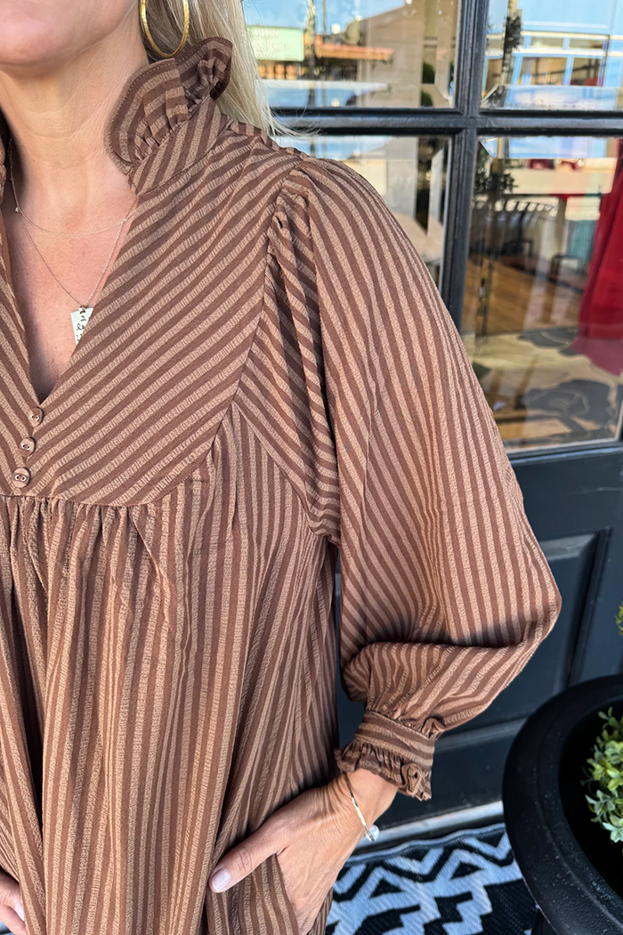 Vertical Stripe Long Sleeve Pocket Maxi Dress