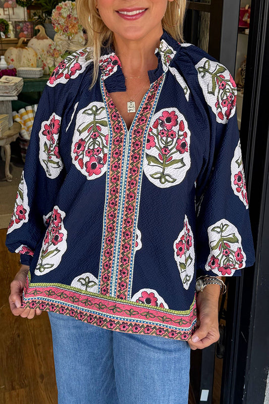 Puff Sleeve Pleated Collar Floral Top