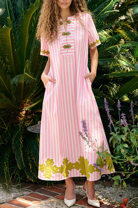 Short Sleeve Stripe Embroidered Pocket Maxi Dress