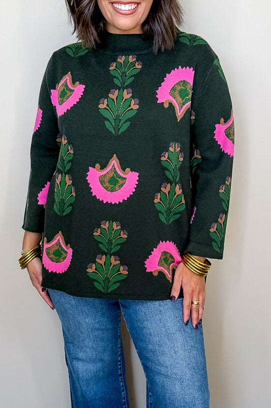 Floral Motif Mock-Neck  Knit Sweater