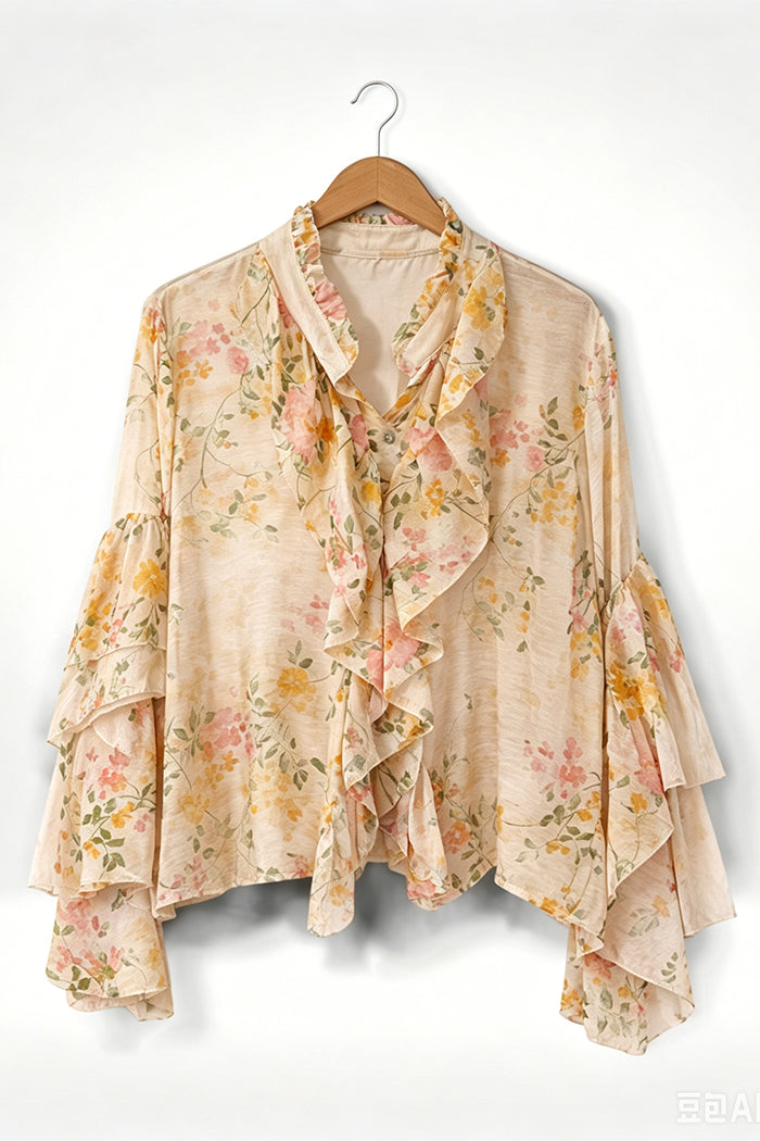 Vintage Floral Ruffle Front Layered Sleeve Top