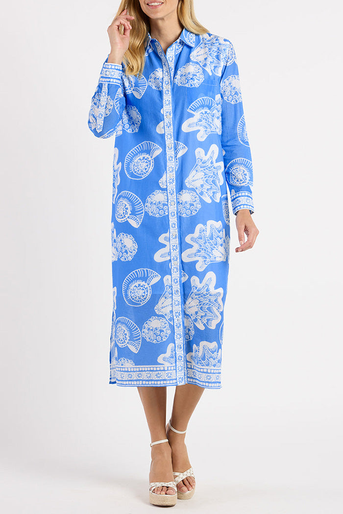 Shell Print Collared Long Sleeve Shirt Dress