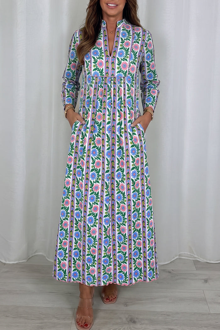 Blue Striped Floral Pocket Maxi Dress
