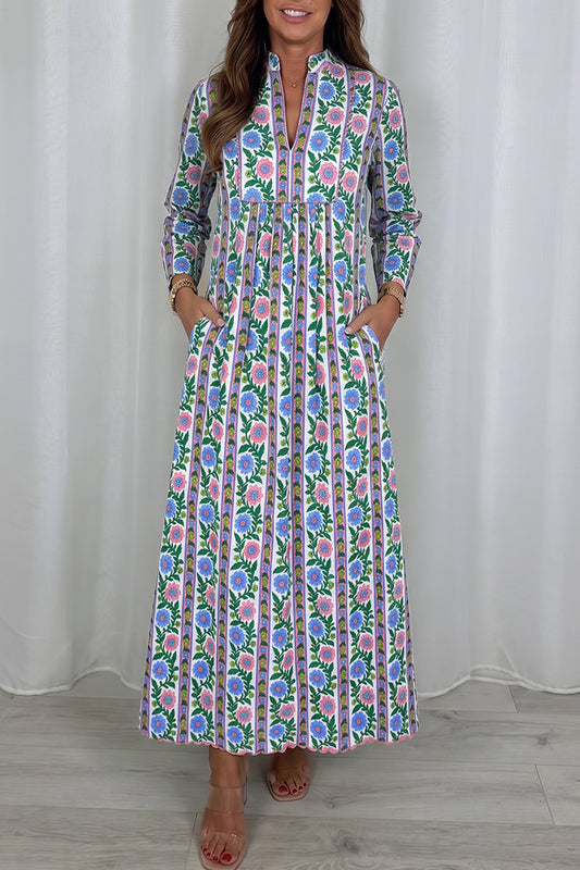 Blue Striped Floral Pocket Maxi Dress