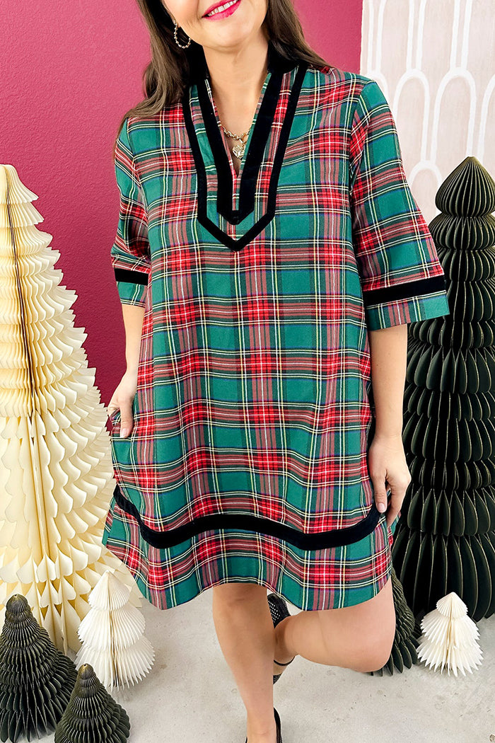 V-Neck Green Plaid Dress
