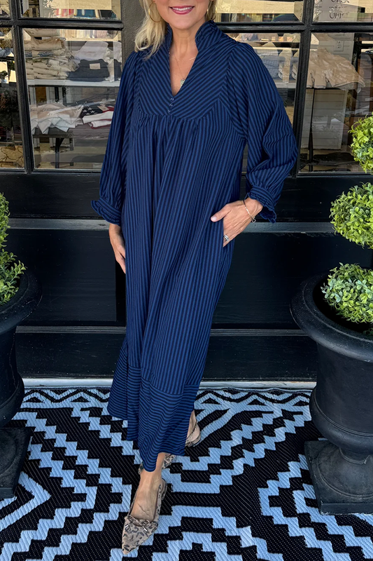 Vertical Stripe Long Sleeve Pocket Maxi Dress
