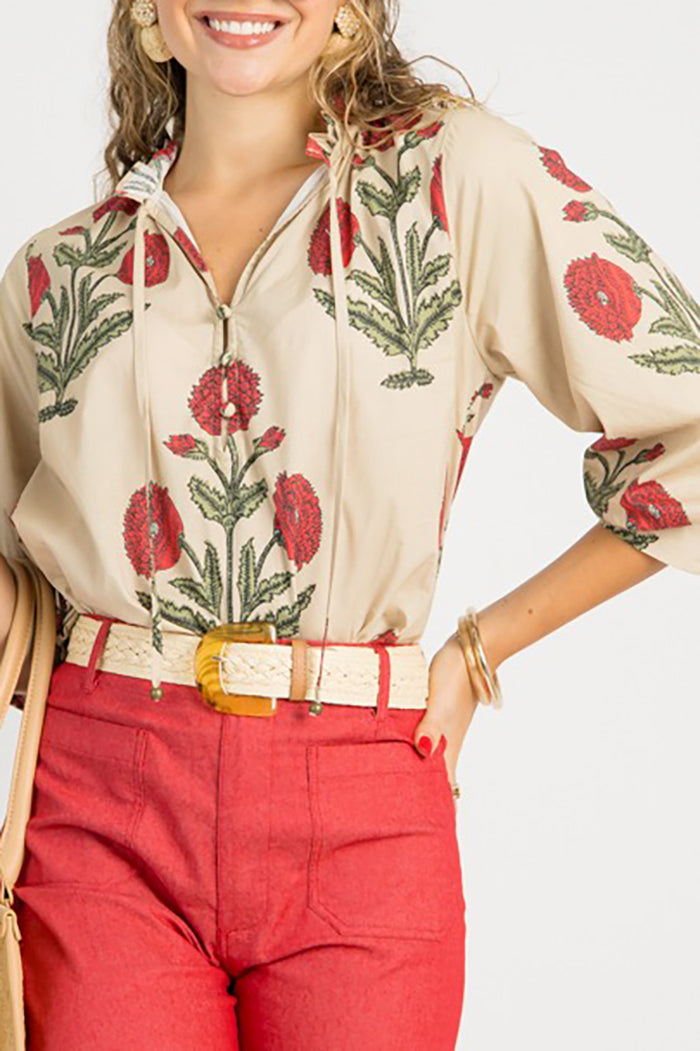 Floral Ruffle Collar Balloon Sleeves Top