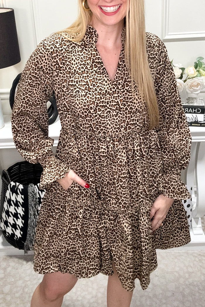 Casual Leopard Ruffles Hem Dress