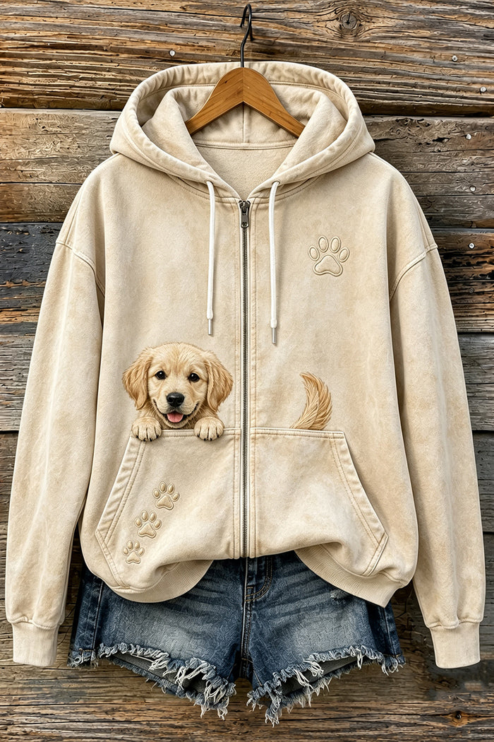 Embroidered Golden Retriever Pocket Zip Hoodie