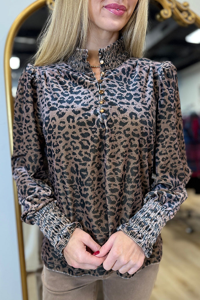 Leopard Print Ruched Sleeve Puff Sleeve Blouse