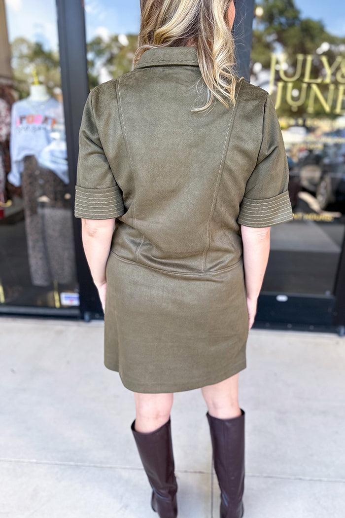 Short Sleeve Collared Suede Dress