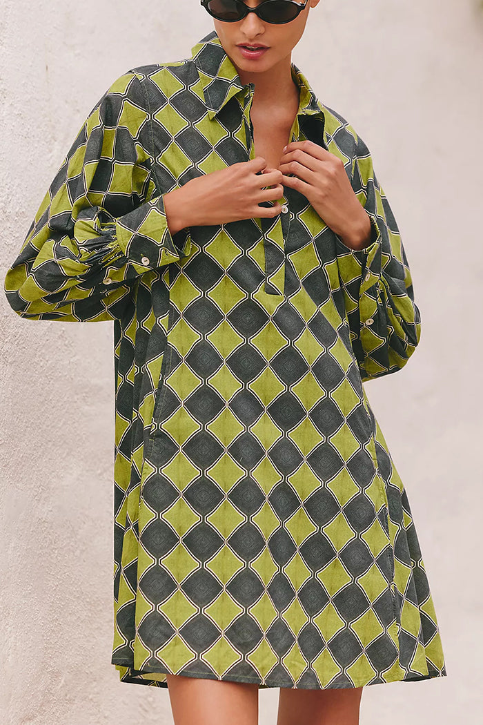 Diamond Print Shirt Collar Pocketed Mini Dress