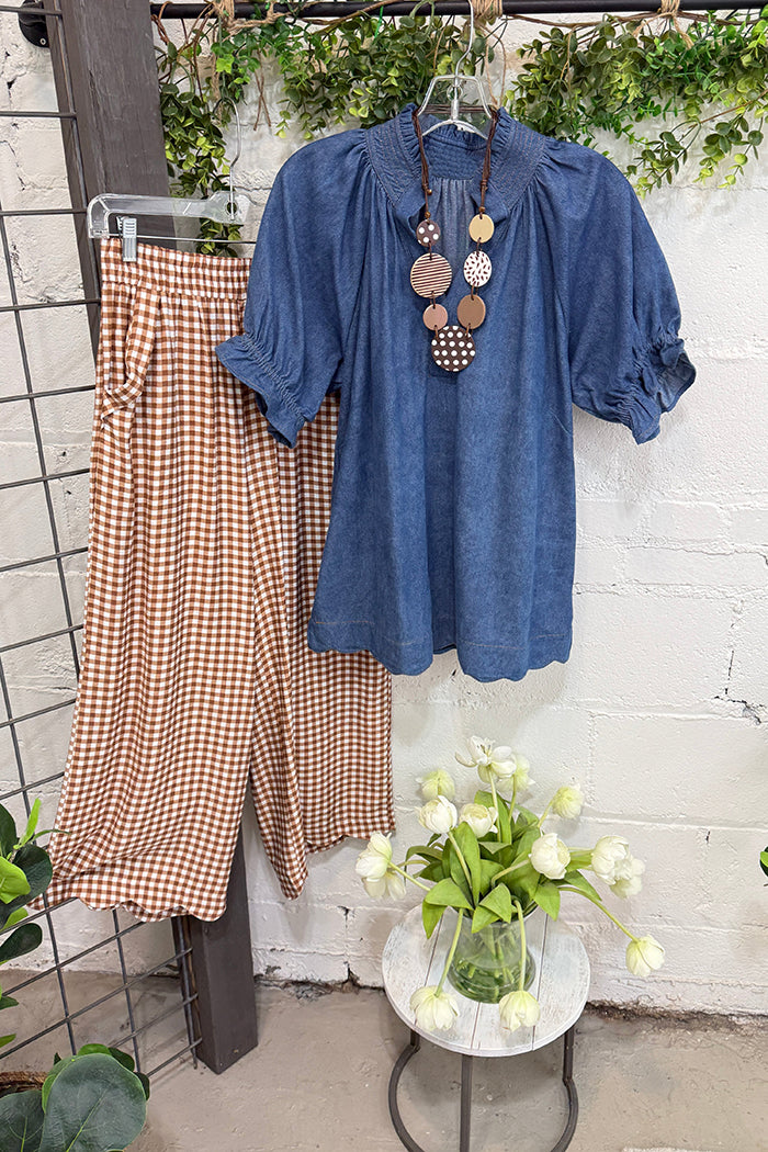 Bubble Sleeve Top & Taupe Gingham Wide Leg Pants Set