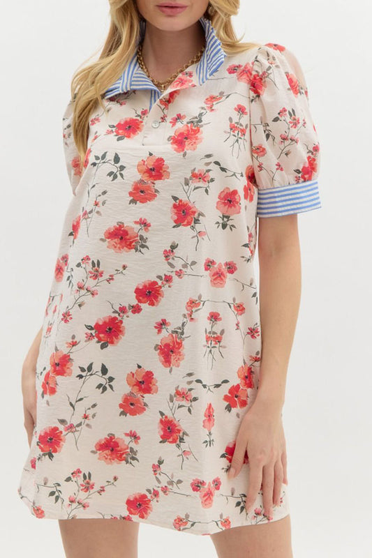 Striped Collar Floral Pocket Dress