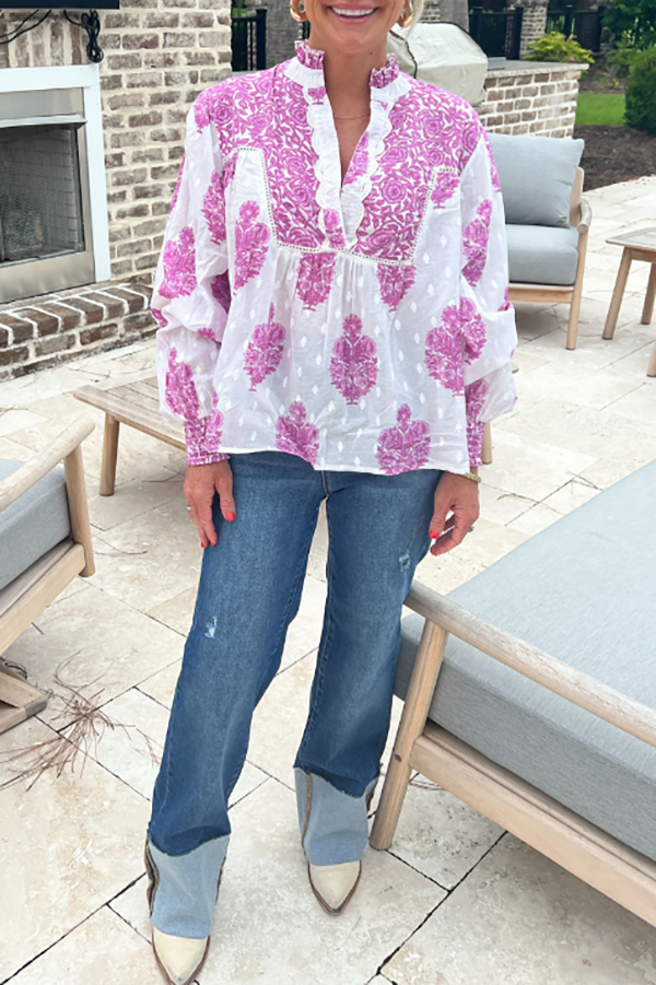 Casual Ruffles Collar Floral Top