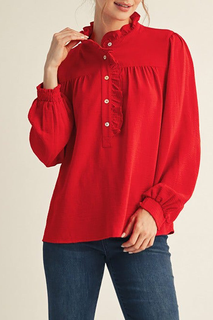 Ruffled Mock-Neck Button Top