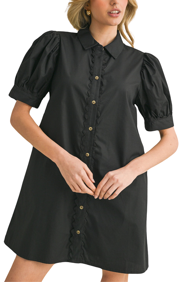 Puffed Short Sleeves Scallop Dress