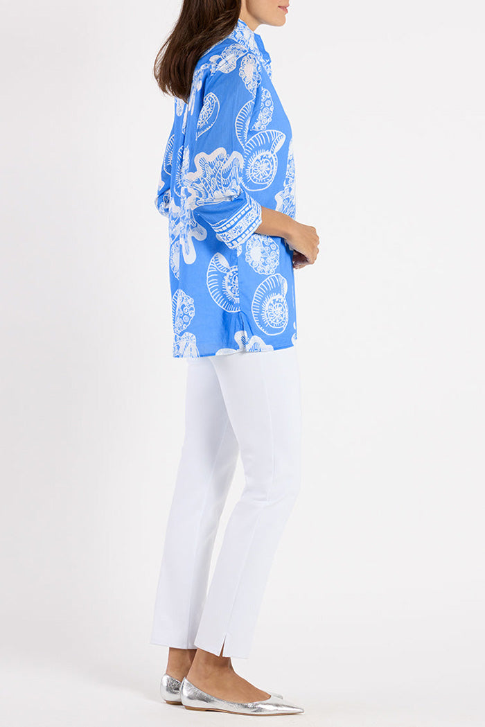 Shell Print Mandarin Collar 3/4 Sleeve Top